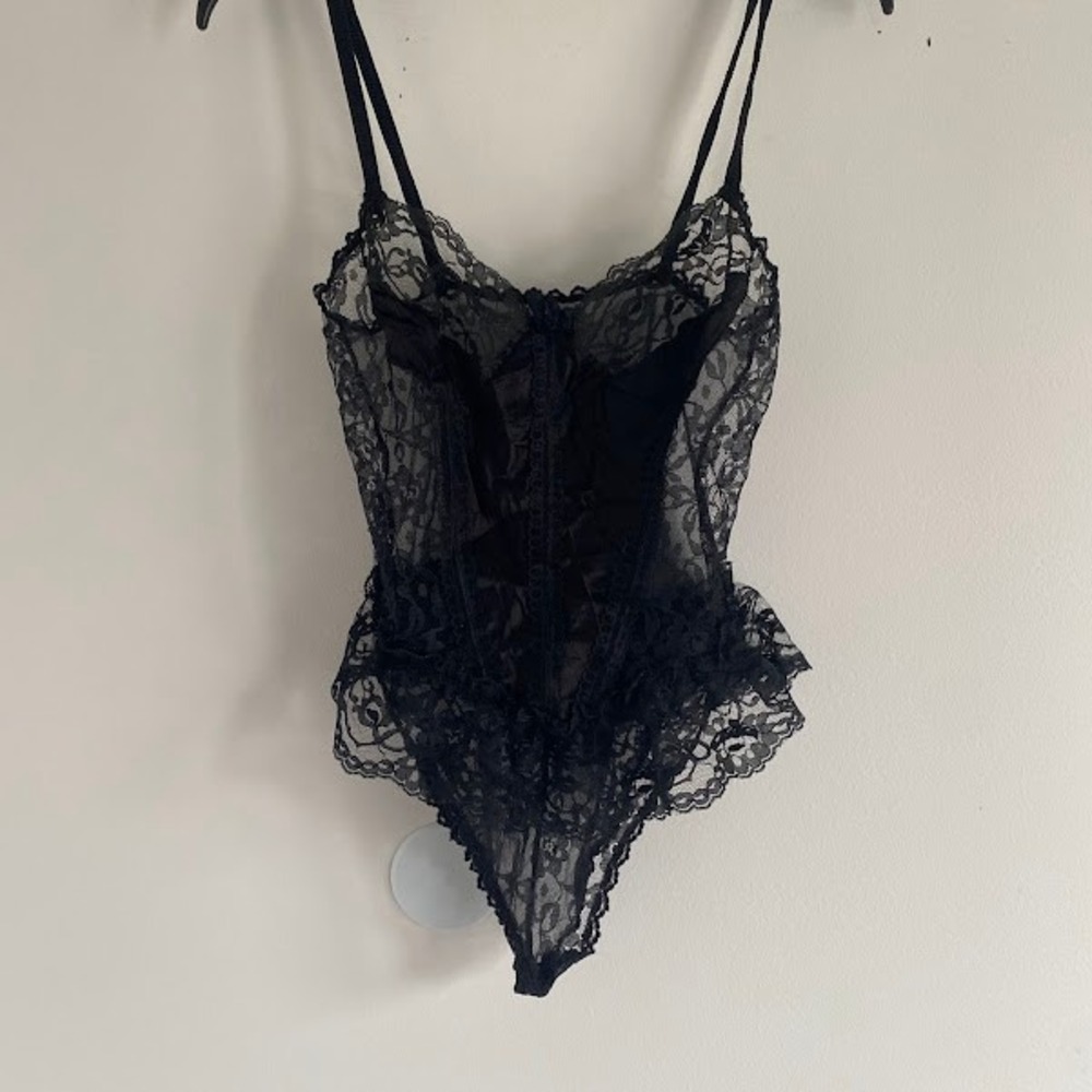 Vintage Nan Flower Black‎ Lace Bodysuit Corset Style Ruffle Small Made in USA